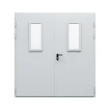 Дверь противопожарная металлическая двупольная ДПР-Олимп-02/30К с остеклением равнопольная торцевая коробка (2100-2150, Правая, RAL 7040)